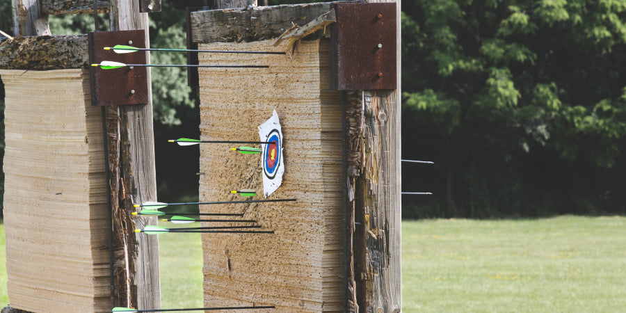 paper target on wooden stand with arrows through target